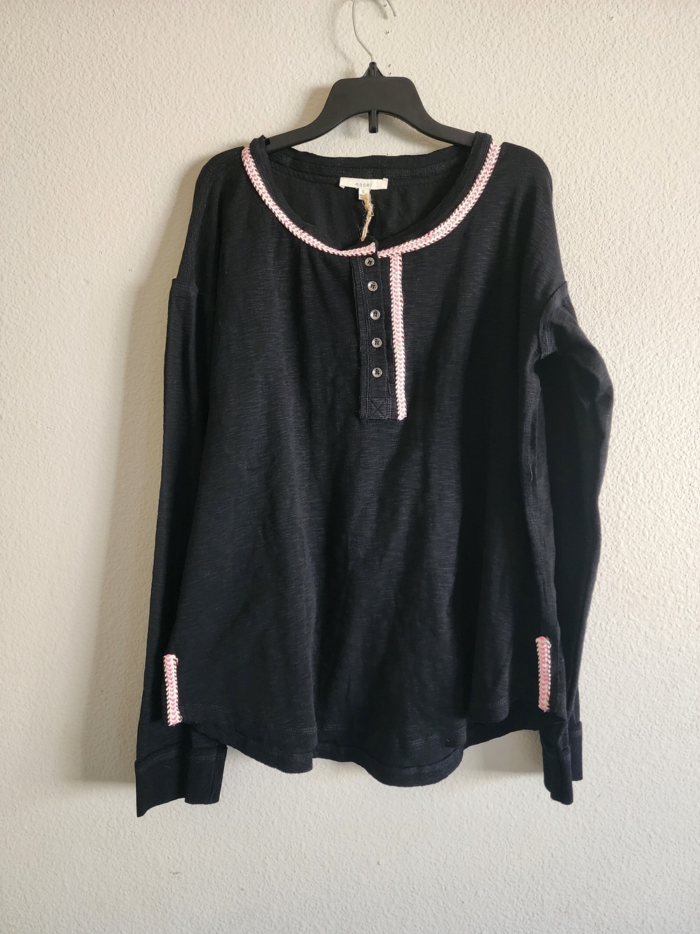 NWT Easel Black Pink Embroidered Trim Henley Long Sleeve Top Small